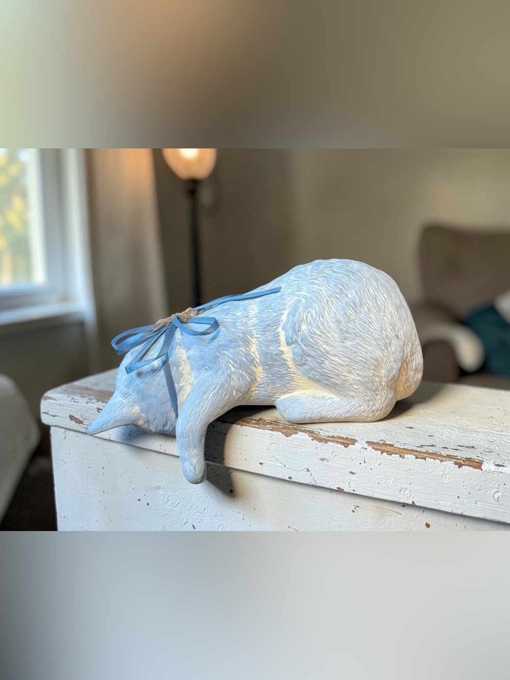 Sleeping Cat Vintage Figurine With Blue Ribbon Bow - Decorative Resin Statue